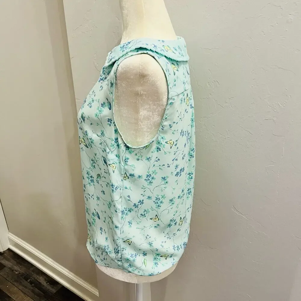 Lauren Conrad sleeveless Ruffled Collared Top Size S Light Green Floral Blouse - Picture 2 of 4